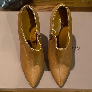 IMAN Tan Suede-Look Calf hair Ankle Heels with Gold Trim lowest price no offers